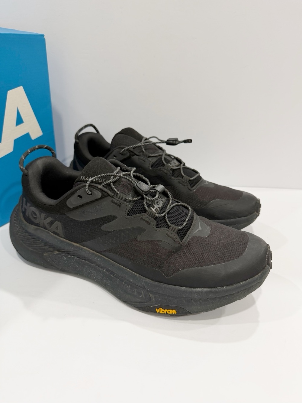 Hoka One One Men's Black Athletic Shoes with Yellow Vibram Logo